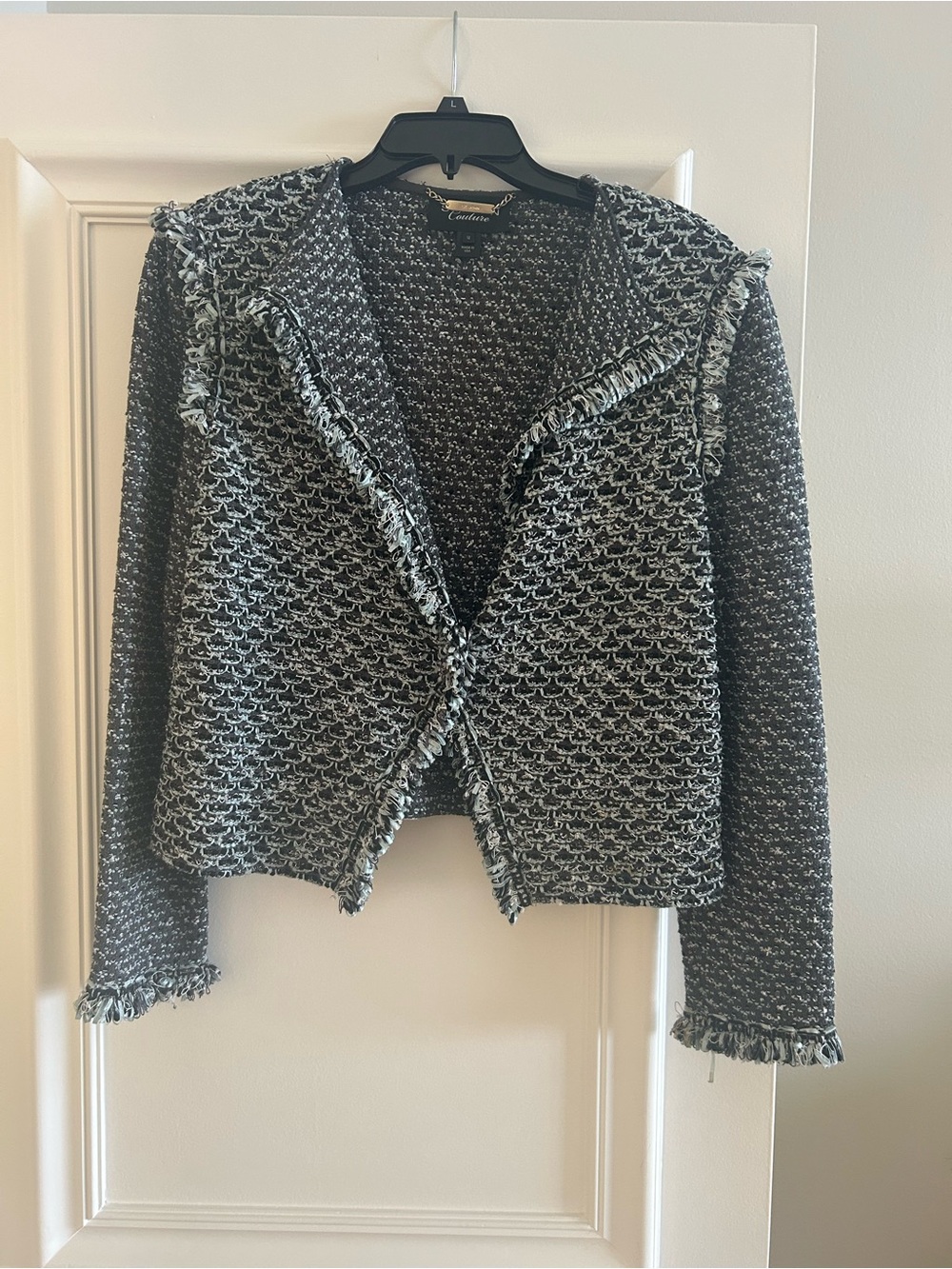 St. John Black and White Tweed Fringe Cropped Jacket